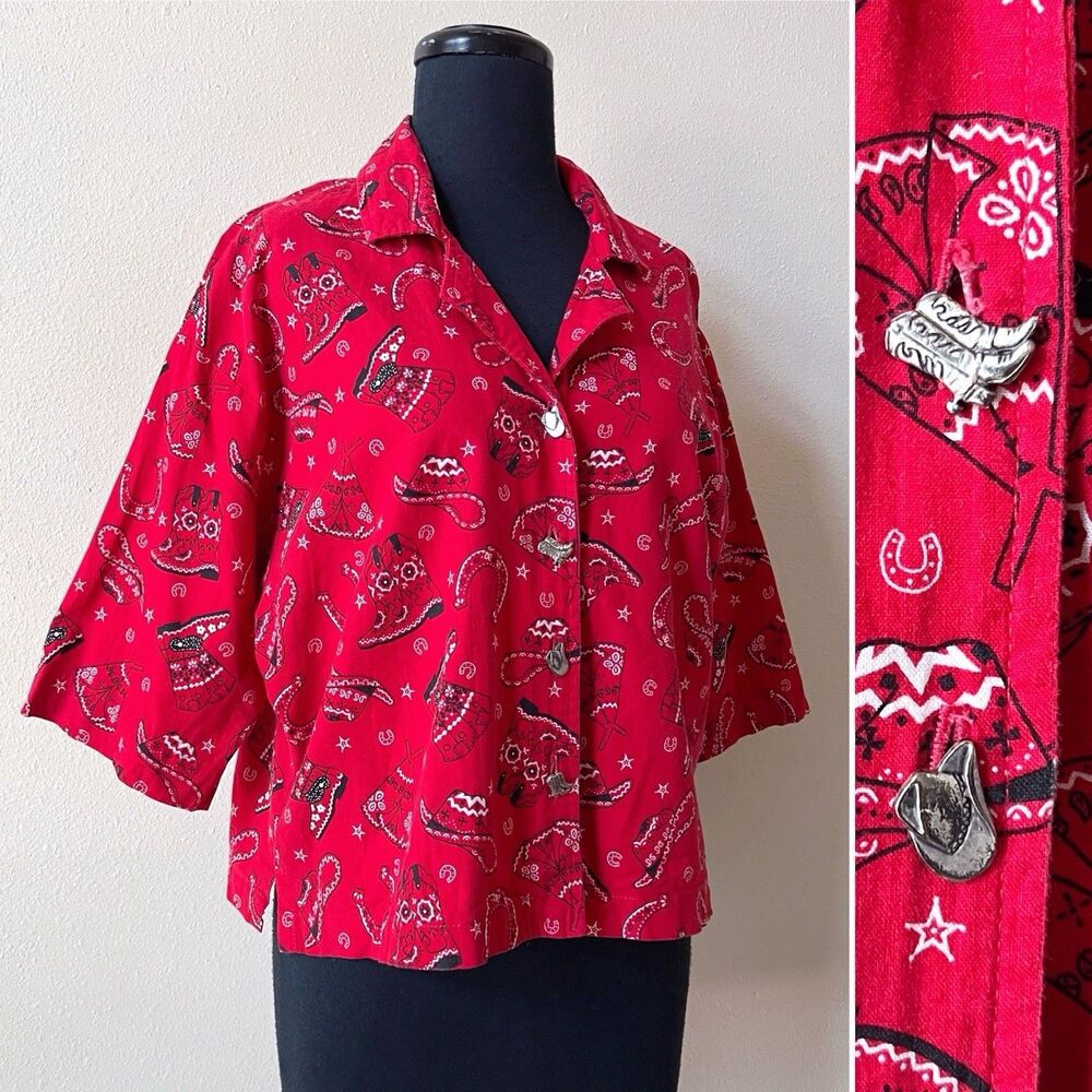 Vintage 1980s Red Bandana Button Up Shirt Large Cotton Boxy Western Rodeo USA